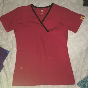 Red and black scrub top